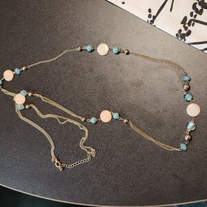 Blue and pink beaded gold necklace
